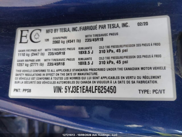 5YJ3E1EA4LF625450 Tesla MODEL 3