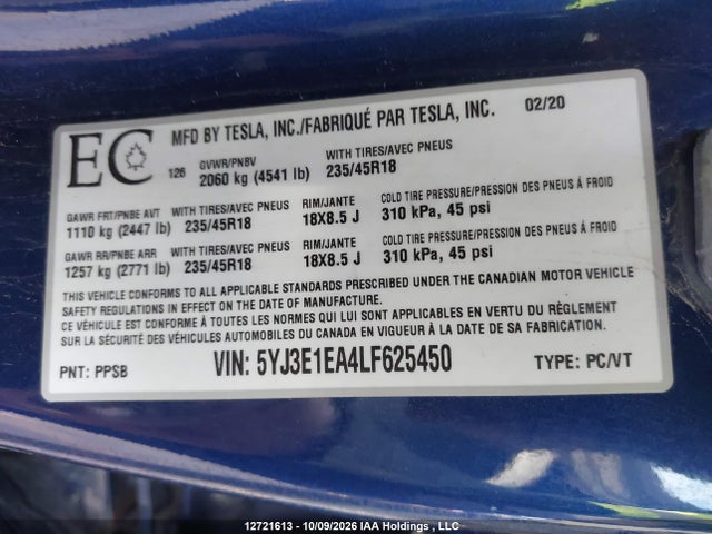 5YJ3E1EA4LF625450 Tesla MODEL 3