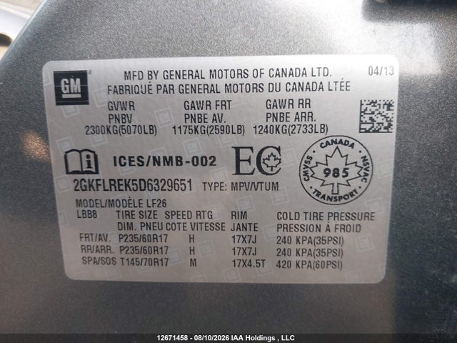2013 Gmc Terrain Sle-1 მანქანა იყიდება აუქციონზე, vin: 2GKFLREK5D6329651, აუქციონის ნომერი: 12671458