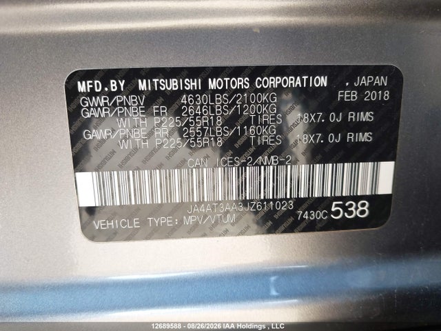 Aukcja sprzedaży 2018 Mitsubishi Eclipse Cross Es, vin: JA4AT3AA3JZ611023, numer aukcji: 12689588