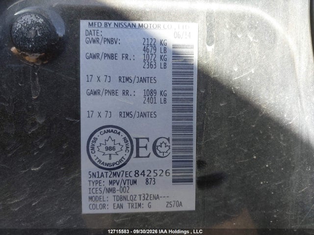 Продаж на аукціоні авто 2014 Nissan Rogue S/sl/sv, vin: 5N1AT2MV7EC842526, номер лоту: 12715583