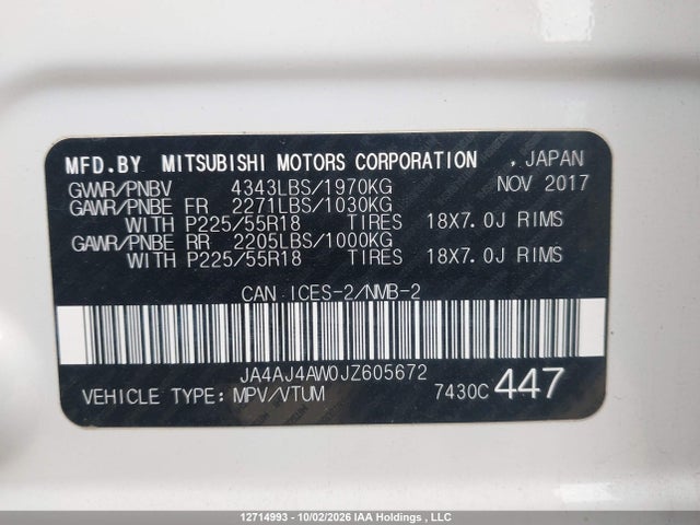Auction sale of the 2018 Mitsubishi Rvr Gt/se Anniversary Edition/se Limited Edition, vin: JA4AJ4AW0JZ605672, lot number: 12714993