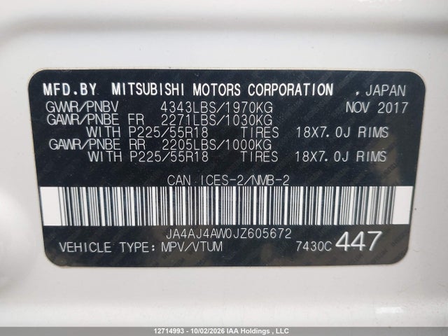 Auction sale of the 2018 Mitsubishi Rvr Gt/se Anniversary Edition/se Limited Edition, vin: JA4AJ4AW0JZ605672, lot number: 12714993