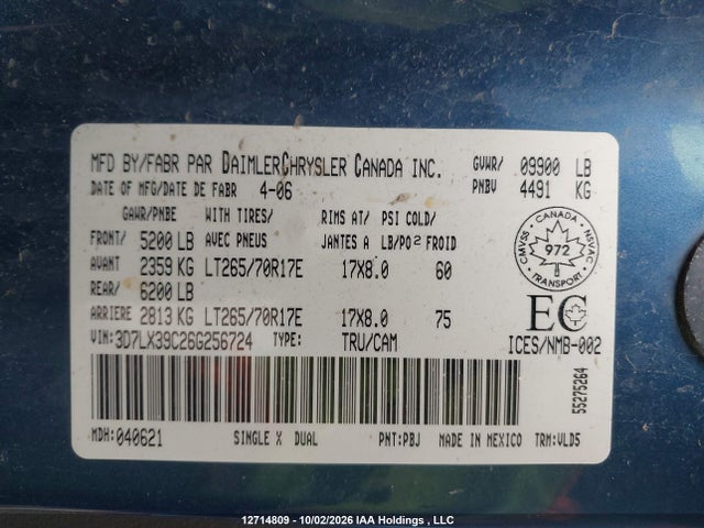 12714809 :رقم المزاد ، 3D7LX39C26G256724 vin ، 2006 Dodge Ram 3500 Laramie مزاد بيع