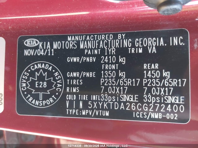 Продаж на аукціоні авто 2012 Kia Sorento Lx V6, vin: 5XYKTDA26CG272400, номер лоту: 12714338