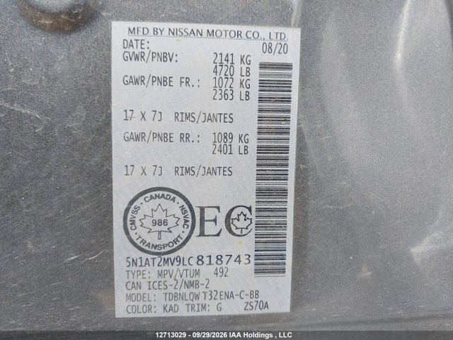 12713029 :رقم المزاد ، 5N1AT2MV9LC818743 vin ، 2020 Nissan Rogue S/sl/sv مزاد بيع