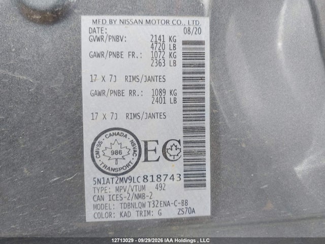 12713029 :رقم المزاد ، 5N1AT2MV9LC818743 vin ، 2020 Nissan Rogue S/sl/sv مزاد بيع