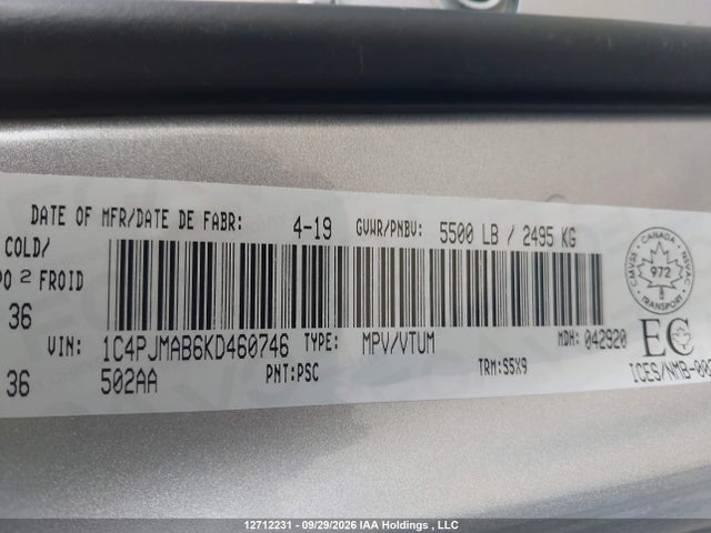 Aukcja sprzedaży 2019 Jeep Cherokee Sport, vin: 1C4PJMAB6KD460746, numer aukcji: 12712231