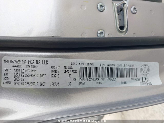 Aukcja sprzedaży 2019 Jeep Cherokee Sport, vin: 1C4PJMAB6KD460746, numer aukcji: 12712231
