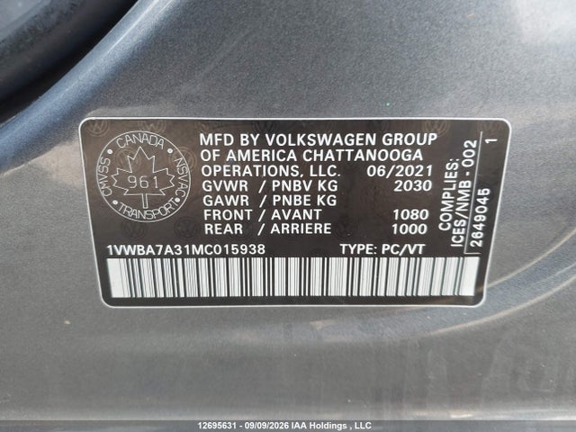 Продажа на аукционе авто 2021 Volkswagen Passat Highline, vin: 1VWBA7A31MC015938, номер лота: 12695631