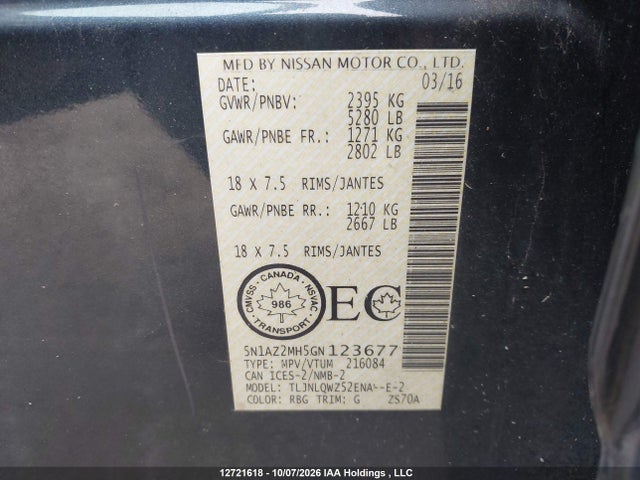 5N1AZ2MH5GN123677 Nissan Murano Platinum/sl/sv