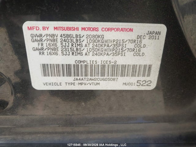 Aukcja sprzedaży 2012 Mitsubishi Outlander Es, vin: JA4AT2AW2CU605087, numer aukcji: 12715545