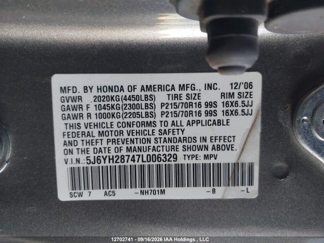 12702741 :رقم المزاد ، 5J6YH28747L006329 vin ، 2007 Honda Element Ex-p مزاد بيع