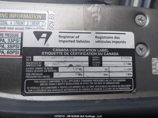 12702741 :رقم المزاد ، 5J6YH28747L006329 vin ، 2007 Honda Element Ex-p مزاد بيع