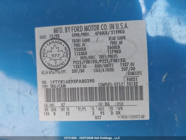 1999 Ford Ranger Super Cab მანქანა იყიდება აუქციონზე, vin: 1FTYR14X9XPA80390, აუქციონის ნომერი: 12721626