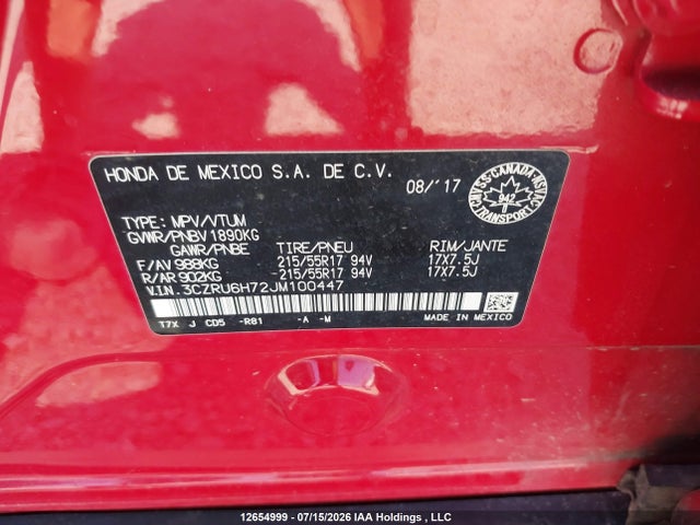 Продаж на аукціоні авто 2018 Honda Hr-v Ex-l, vin: 3CZRU6H72JM100447, номер лоту: 12654999
