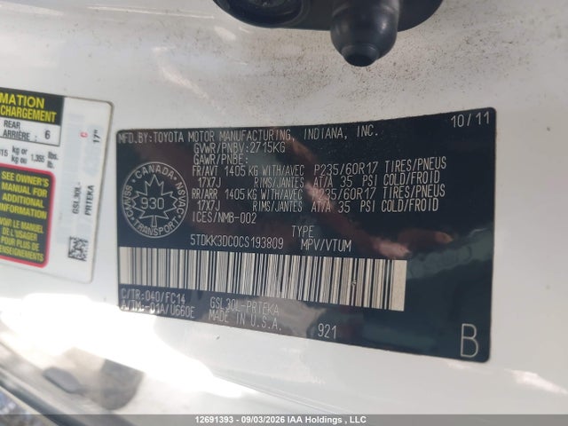Aukcja sprzedaży 2012 Toyota Sienna, vin: 5TDKK3DC0CS193809, numer aukcji: 12691393