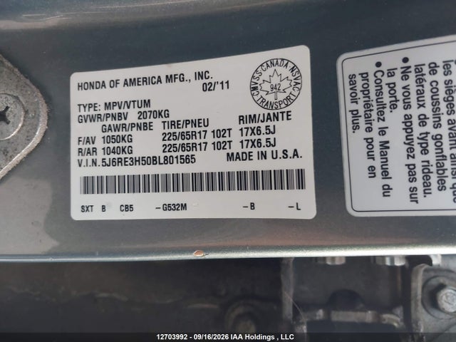 Продаж на аукціоні авто 2011 Honda Cr-v Ex, vin: 5J6RE3H50BL801565, номер лоту: 12703992