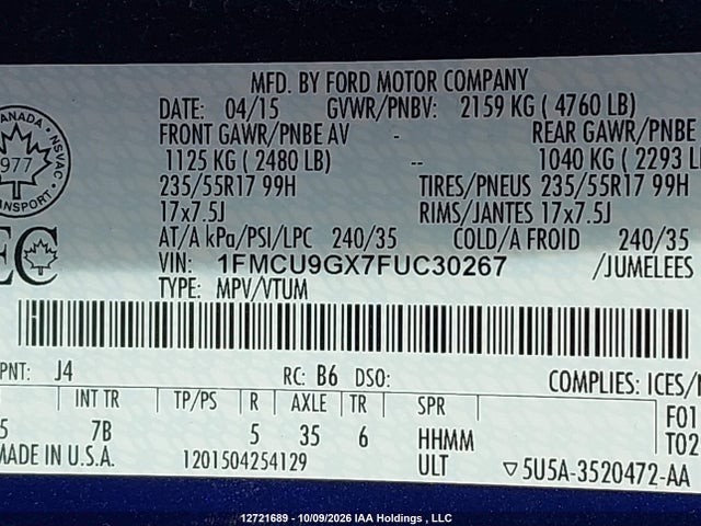 Ford ESCAPE SE 2015 1FMCU9GX7FUC30267 Image 9