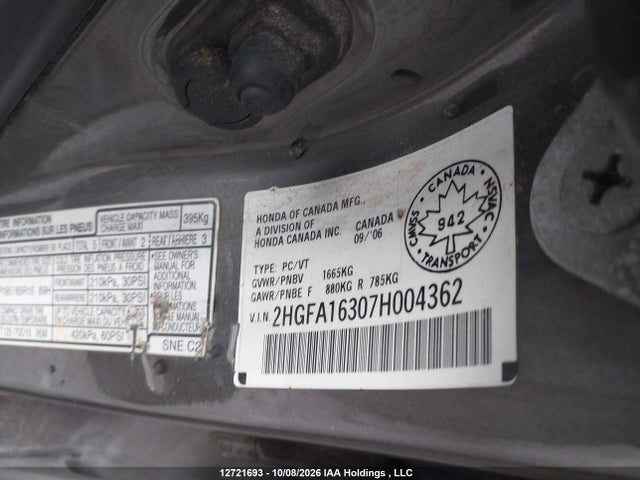 2007 Honda Civic მანქანა იყიდება აუქციონზე, vin: 2HGFA16307H004362, აუქციონის ნომერი: 12721693