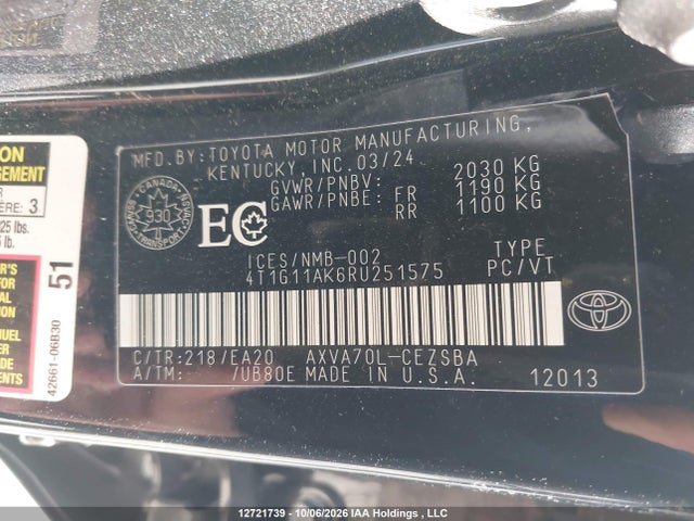 12721739 :رقم المزاد ، 4T1G11AK6RU251575 vin ، 2024 Toyota Camry Se Night Shade/se مزاد بيع