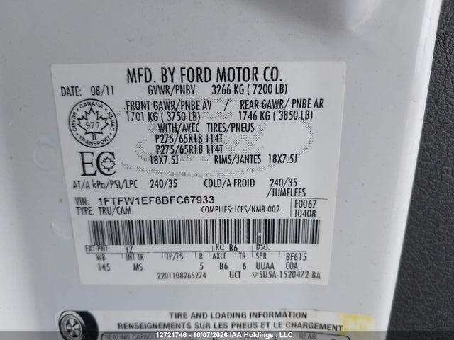 Продаж на аукціоні авто 2011 Ford F-150 Xlt, vin: 1FTFW1EF8BFC67933, номер лоту: 12721746
