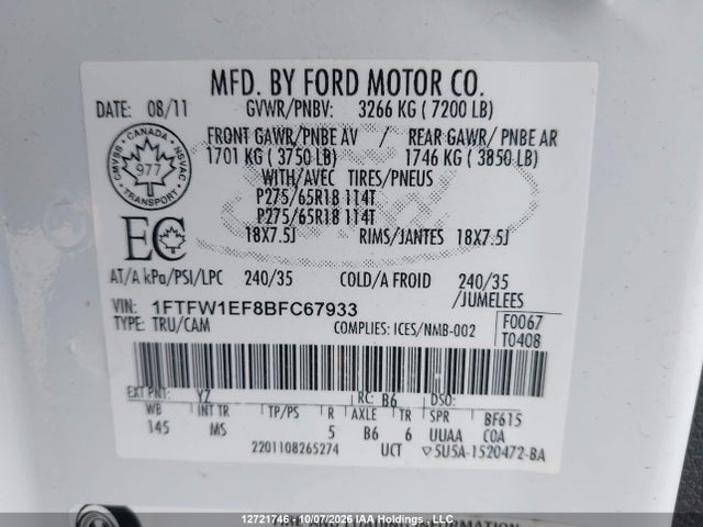 Продаж на аукціоні авто 2011 Ford F-150 Xlt, vin: 1FTFW1EF8BFC67933, номер лоту: 12721746