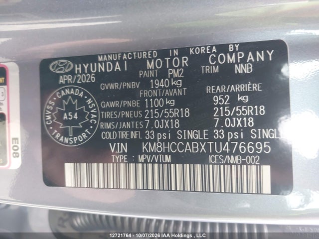 Aukcja sprzedaży 2026 Hyundai Kona Preferred-trend, vin: KM8HCCABXTU476695, numer aukcji: 12721764
