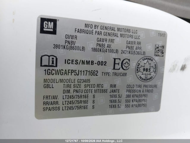 Продаж на аукціоні авто 2018 Chevrolet Express G2500, vin: 1GCWGAFP5J1171662, номер лоту: 12721767