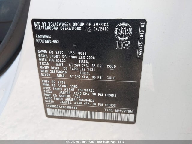Volkswagen ATLAS SEL 2019 1V2RR2CA1KC558985 Image 9