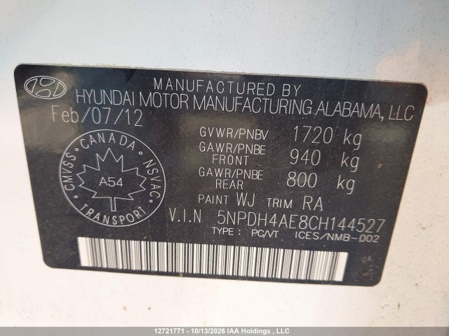 Продаж на аукціоні авто 2012 Hyundai Elantra Gl, vin: 5NPDH4AE8CH144527, номер лоту: 12721771