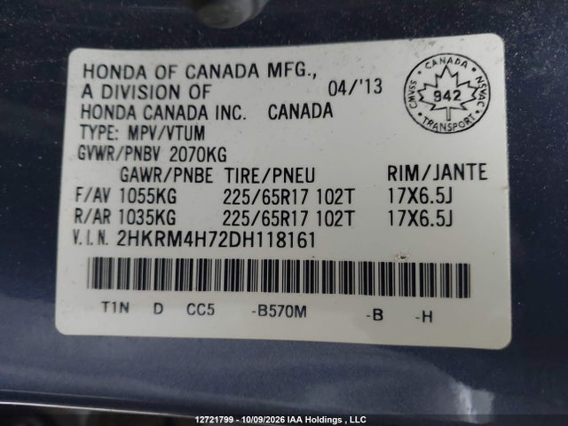 12721799 :رقم المزاد ، 2HKRM4H72DH118161 vin ، 2013 Honda Cr-v Exl مزاد بيع