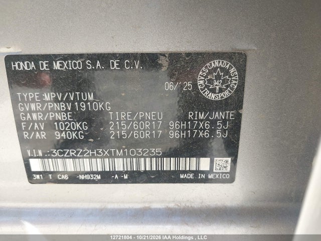 12721804 :رقم المزاد ، 3CZRZ2H3XTM103235 vin ، 2026 Honda Hr-v Lx مزاد بيع
