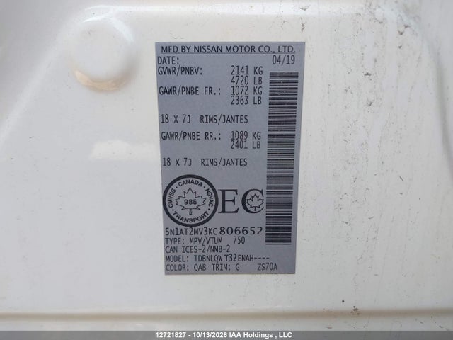 Продаж на аукціоні авто 2019 Nissan Rogue S/sl/sv, vin: 5N1AT2MV3KC806652, номер лоту: 12721827
