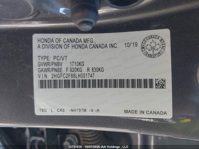 Продаж на аукціоні авто 2020 Honda Civic Sport, vin: 2HGFC2F88LH001747, номер лоту: 12721835