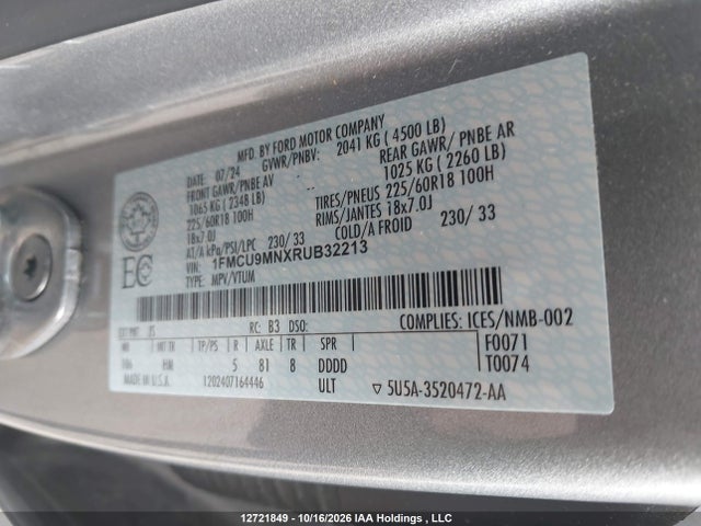 Aukcja sprzedaży 2024 Ford Escape St-line, vin: 1FMCU9MNXRUB32213, numer aukcji: 12721849
