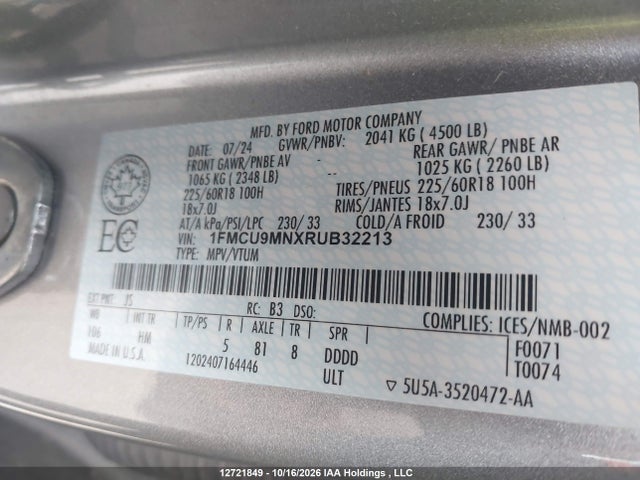 Aukcja sprzedaży 2024 Ford Escape St-line, vin: 1FMCU9MNXRUB32213, numer aukcji: 12721849