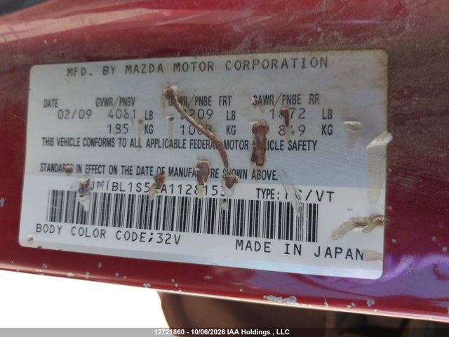 12721860 :رقم المزاد ، JM1BL1S52A1128153 vin ، 2010 Mazda Mazda3 Gt مزاد بيع