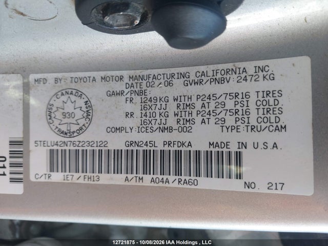 Продаж на аукціоні авто 2006 Toyota Tacoma V6, vin: 5TELU42N76Z232122, номер лоту: 12721875