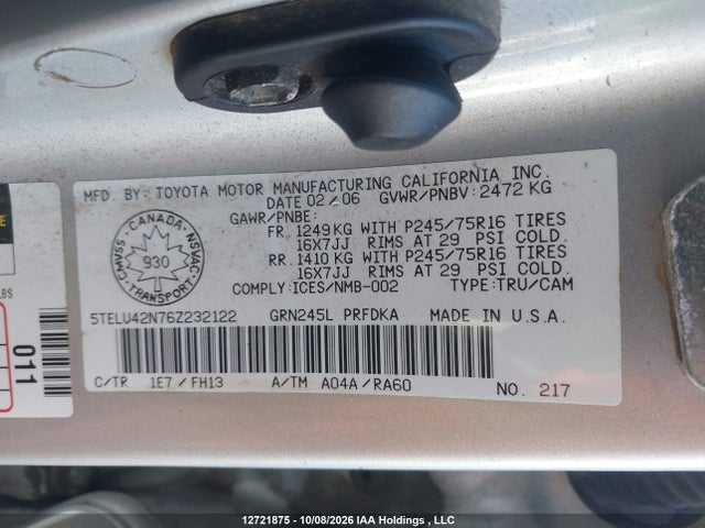 Продаж на аукціоні авто 2006 Toyota Tacoma V6, vin: 5TELU42N76Z232122, номер лоту: 12721875