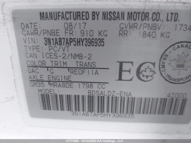 3N1AB7AP5HY396935 Nissan Sentra S/sv/sr/sl