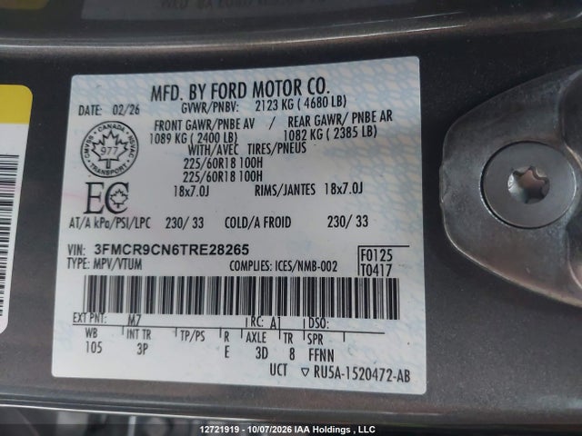 12721919 :رقم المزاد ، 3FMCR9CN6TRE28265 vin ، 2026 Ford Bronco Sport Outer Banks مزاد بيع
