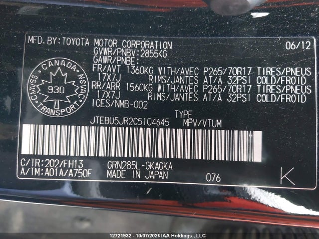 12721932 :رقم المزاد ، JTEBU5JR2C5104645 vin ، 2012 Toyota 4runner Sr5/limited/trail مزاد بيع