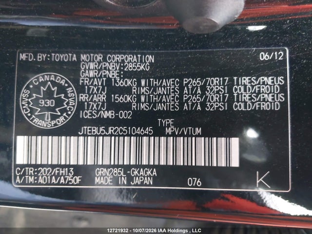 12721932 :رقم المزاد ، JTEBU5JR2C5104645 vin ، 2012 Toyota 4runner Sr5/limited/trail مزاد بيع
