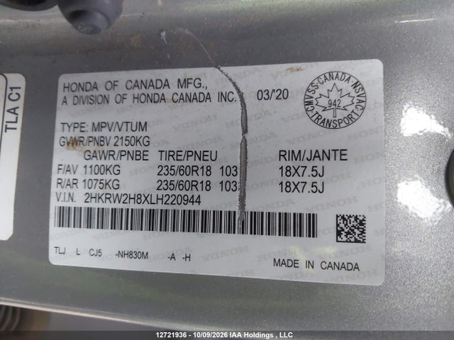 Honda Cr-v Ex-l 2020 2HKRW2H8XLH220944 Image 9