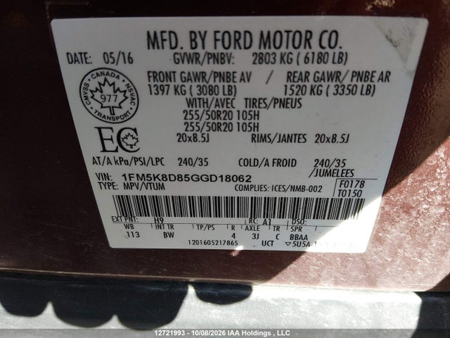2016 Ford Explorer Xlt მანქანა იყიდება აუქციონზე, vin: 1FM5K8D85GGD18062, აუქციონის ნომერი: 12721993