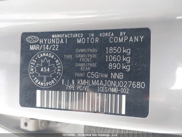 12722000 :رقم المزاد ، KMHLM4AJ0NU027680 vin ، 2022 Hyundai Elantra Hybrid Preferred مزاد بيع