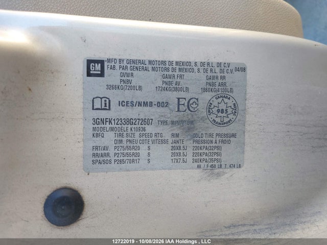 12722019 :رقم المزاد ، 3GNFK12338G272607 vin ، 2008 Chevrolet Avalanche K1500 مزاد بيع