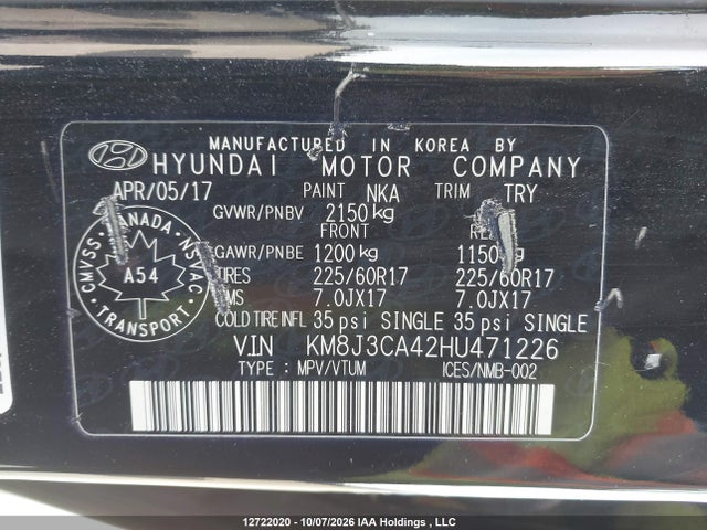 Продажа на аукционе авто 2017 Hyundai Tucson Limited/sport And Eco/se, vin: KM8J3CA42HU471226, номер лота: 12722020
