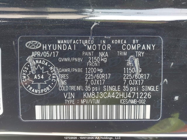 Продажа на аукционе авто 2017 Hyundai Tucson Limited/sport And Eco/se, vin: KM8J3CA42HU471226, номер лота: 12722020